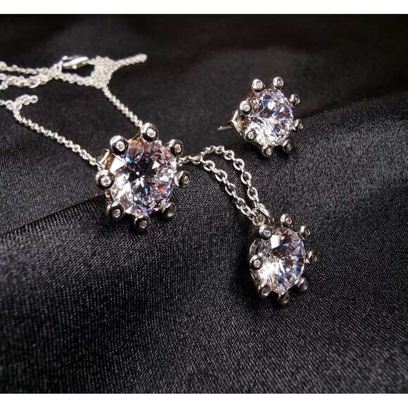 925 Sterling Silver JCL Signed Pendant Necklace & Earrings Set With Round Cut Cu - Picture 1 of 7